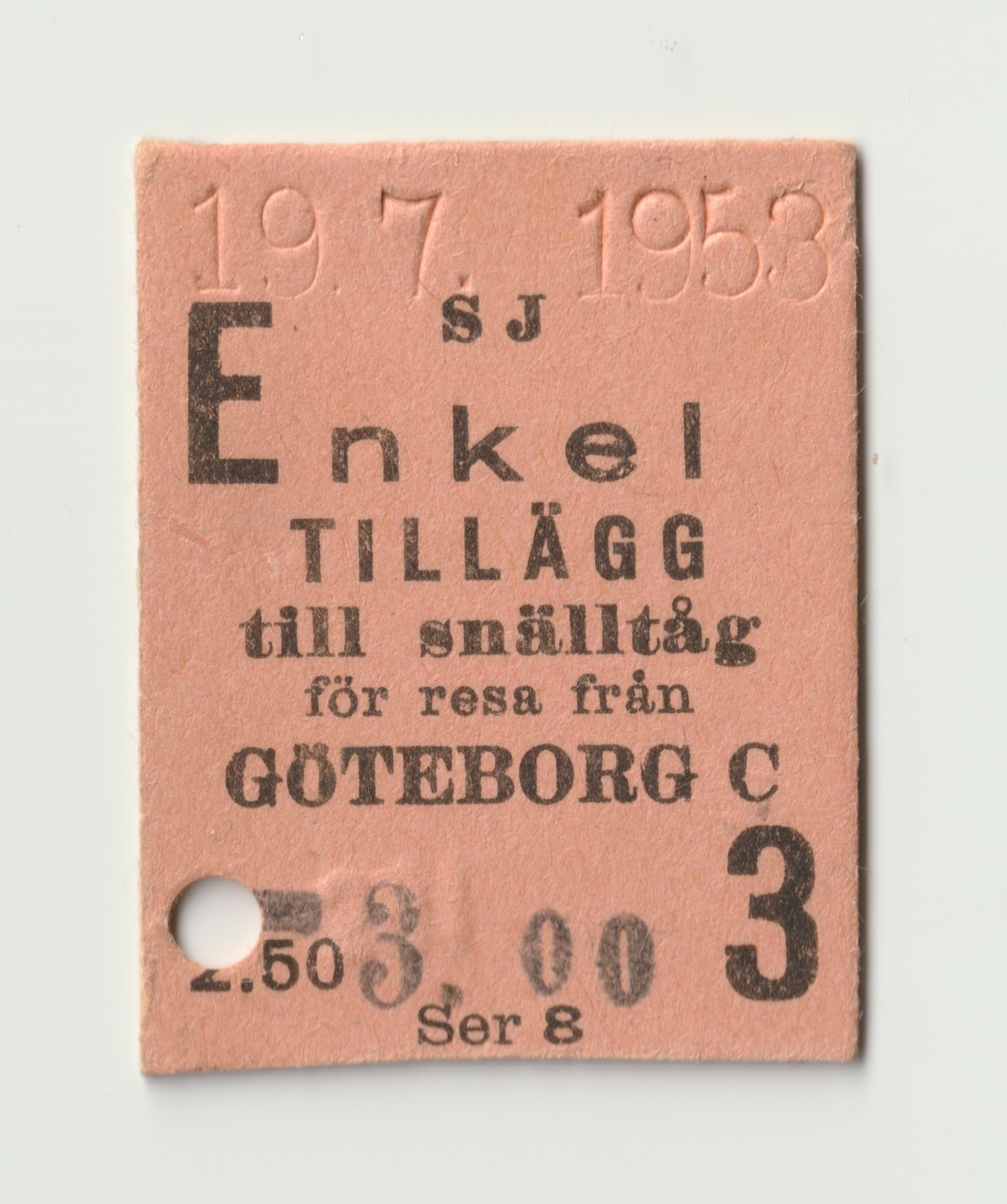 19 July 1953 Edmondson-type supplement train ticket by SJ Sweden for travel starting in Gothenburg, Sweden. Approx. 3.9 x 3 cm, weight less than 1 g.