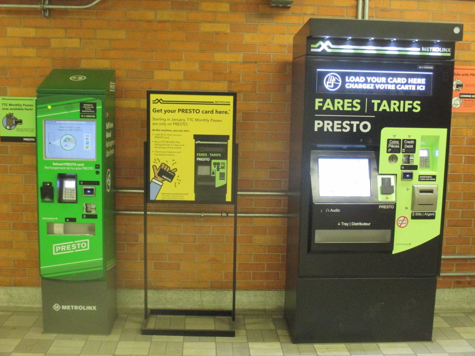 Presto machines used at each TTC subway station in 2019. The machine on the right has numerous functions including selling Presto cards and Presto tickets as well as uploading money to a Presto card. The machine on the left can only upload money to a Presto card.